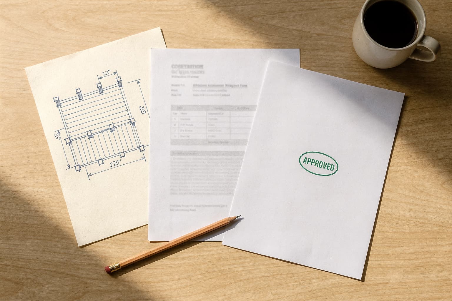 Overhead view of a kitchen table with a hand-drawn deck sketch, a contractor’s quote, and a document stamped APPROVED in green.